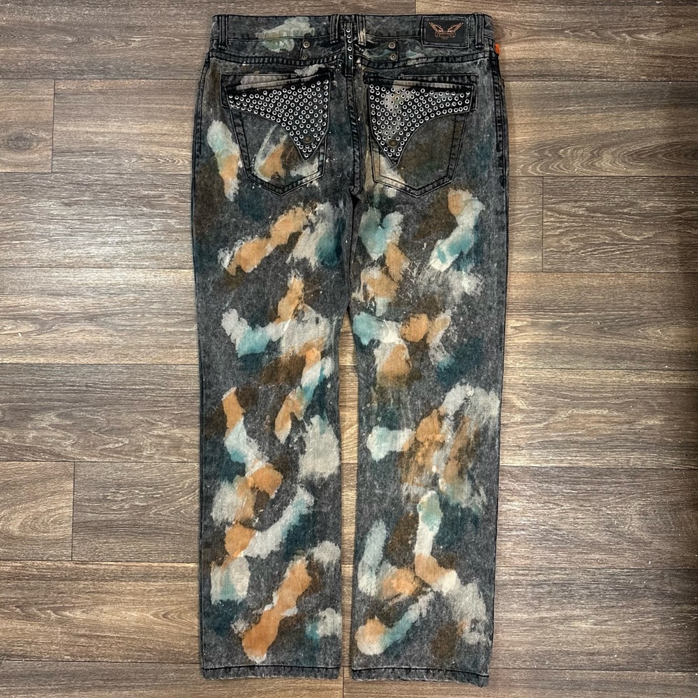 - Robin’s Jean Black Tie Dye Multicolor With Silver Black Wings Stud Size 40x34